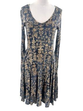 Peruvian Connection Pima cotton modal floral dress blue tan sz S